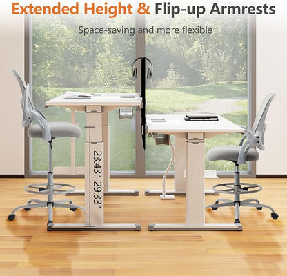 Sweetcrispy Tall Drafting Office Desk Chair - Ergonomic High Stool Computer Chair with Adjustable Height and Comfy Lumbar Support, Rolling Counter Height with Flip-up Arm and Footrest, Grey