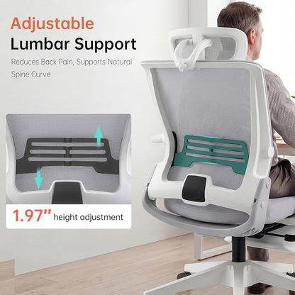 Foldable Office Chair with Foot Rest, Ergonomic Office Chair with Adjustable Lumbar Support, Headrest, Armrest, Home Office Desk Chairs for Space Saving, Grey
