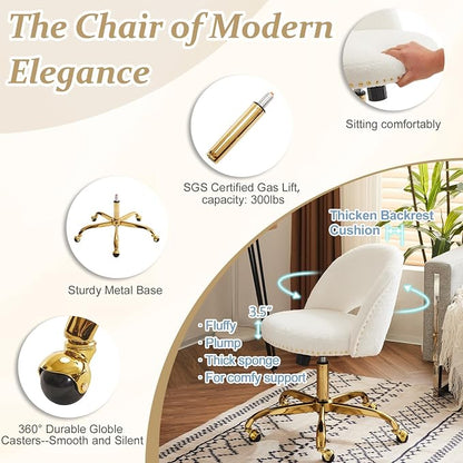 VINGLI Modern Teddy Fluffy Small Office Chair,Cute Desk Chair with Wheels,Gold Base/Studs, Comfy Armless Swivel Vanity Task Chair for Women/Girl/Kids, Nail Tech Chair for Bedroom,Small Space,White