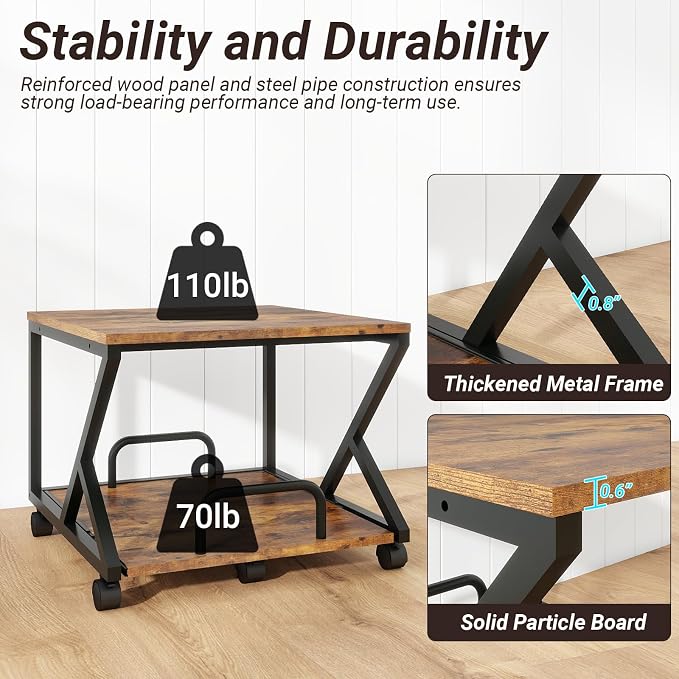 Natwind 2 Tier Printer Stand,19.7''x19.7'',with Pull Out Shelf,Retro | Easy Reach for Lower Shelf Items,Rolling Printer Cart with Wheels, Fits Under Desk,Supports 180lbs,for Home Office Kitchen