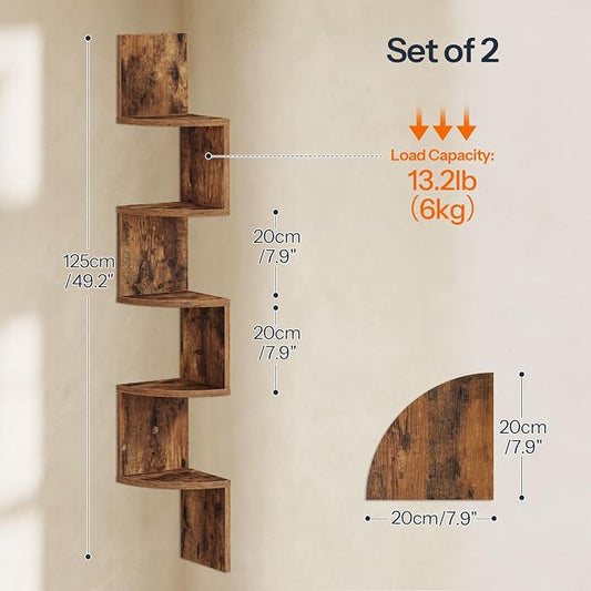 HOOBRO Corner Shelf Wall-Mounted, Set of 2 Floating Corner Shelves for Wall, 5-Tier Corner Bookshelves for Living Room, Bedroom, Bathroom, Home Office, Rustic Brown BF26BJP201