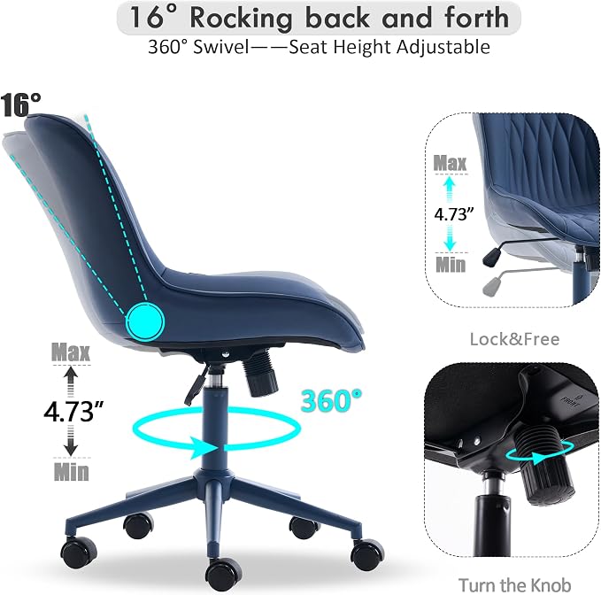 YOUNIKE Faux Leather Ergonomic Office Chair Armless Comfy Desk Chair with Rocking Back Cute Swivel Vanity Chair with Wheels Height Adjustable Small Computer Task Chair for Sewing Drafting Navy Blue