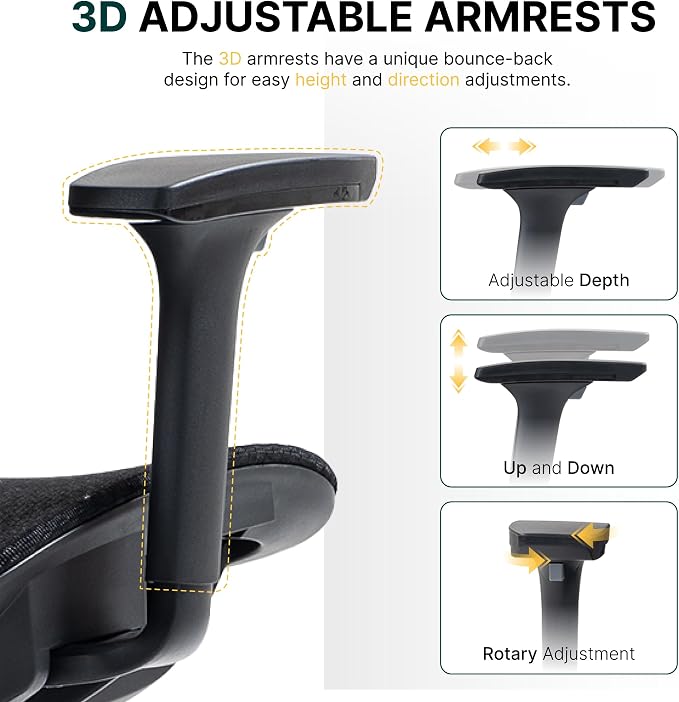 Ergonomic Mesh Office Chair, 3D Adjustable Armrests Desk Chair with 360° Swivel Silent Casters, 90°-120° Reclining Backrest Adjustable Gaming Chair for Home Office