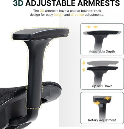 Ergonomic Mesh Office Chair, 3D Adjustable Armrests Desk Chair with 360° Swivel Silent Casters, 90°-120° Reclining Backrest Adjustable Gaming Chair for Home Office