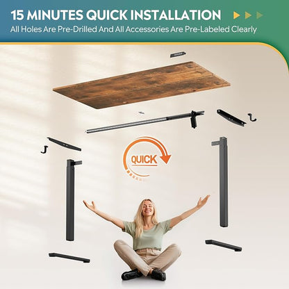 DEVAISE 55 Inch Electric Standing Desk, Adjustable Computer Desk for Home Office, Ergonomic Sit to Stand Desk with LED Touchscreen，Headphone Hook, 3 Memory Preset, with Split Top, Rustic Brown