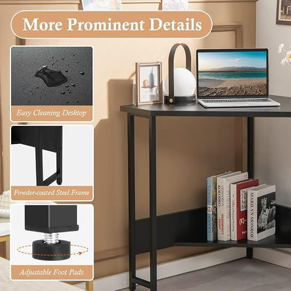 GOFLAME Corner Desk with Power Outlet, Triangle Computer Desk for Small Space, Space-Saving Writing Desk with Storage Shelf and Charging Station, Modern Laptop PC Desk for Home Office, Black
