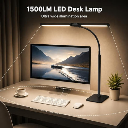 24" Double Head LED Desk Lamp, 15W Wide Architect Desk Light with Base for Home Office, 360° Flexible Gooseneck Task Lamp, 3 Color Modes, 10 Brightness Levels, Memory Function, Black