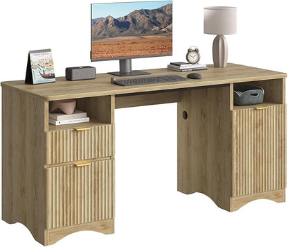 Bestier 59 inch Computer Desk with 2 Drawers, Office Desk with Storage File Cabinet and 2 Open Storage Shelves, Modern Fluted Executive Desk for Home Office Bedroom, Natural Oak