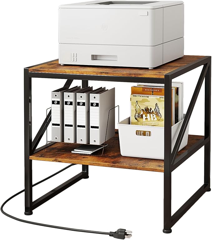 2-Tier Large Priner Stand with Charging Station, 20"×20" Under Desk Printer Table with Power Outlets and USB Ports for Office, Mini Fridge Stand, Storage Shelf for Scanner Fax Machine, Rustic Brown