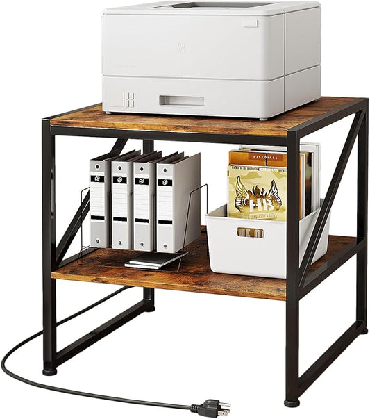 2-Tier Large Priner Stand with Charging Station, 20"×20" Under Desk Printer Table with Power Outlets and USB Ports for Office, Mini Fridge Stand, Storage Shelf for Scanner Fax Machine, Rustic Brown