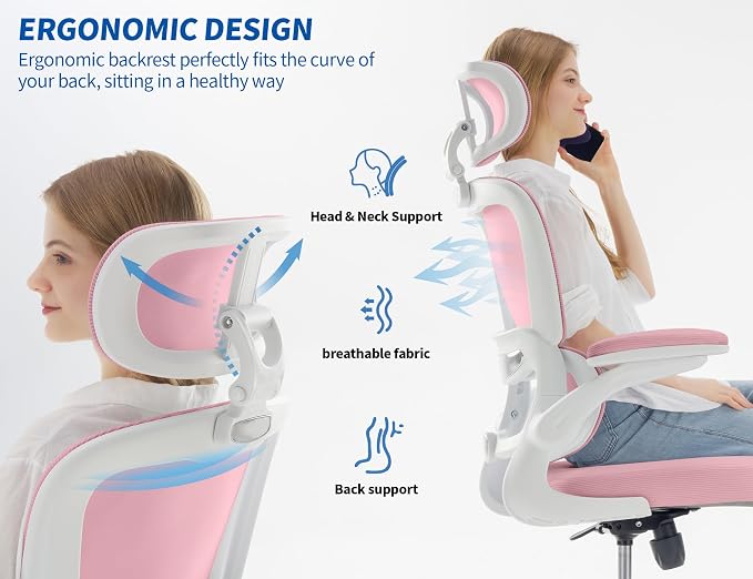 TRALT Ergonomic Office Chair - Desk Chair with Adjustable Headrest Lumbar Support Computer Chair - Mesh Comfy Chair with Flip-up Armrests - Gaming Chairs for Adults Home Office (Leather, Pink)