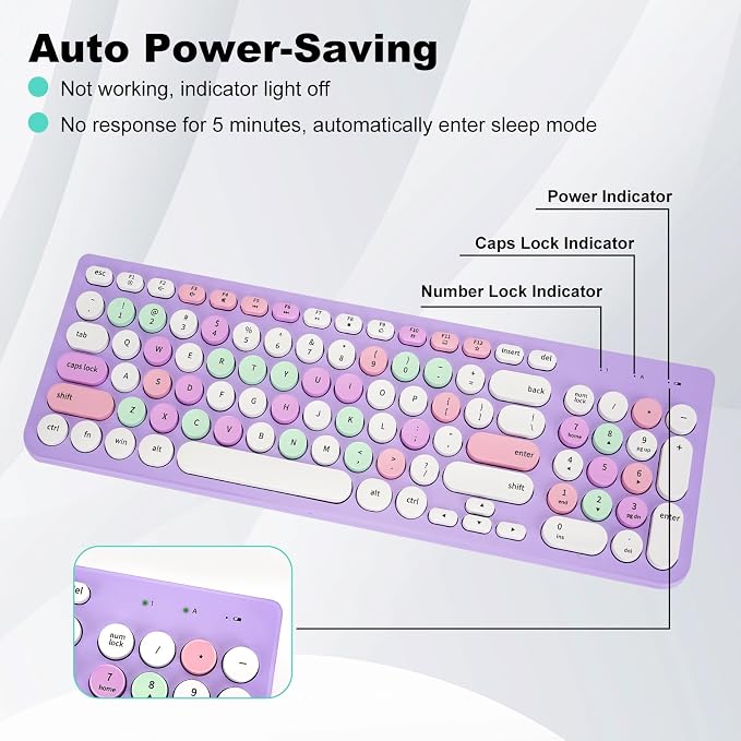 Wireless Keyboard and Mouse Combo, Retro Typewriter Keyboard with Round Keycaps, 2.4GHz USB Cute Wireless Keyboard Mouse for Computer, Desktop, Laptop (Purple Colorful)