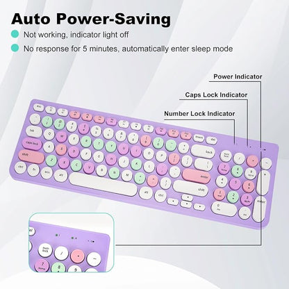 Wireless Keyboard and Mouse Combo, Retro Typewriter Keyboard with Round Keycaps, 2.4GHz USB Cute Wireless Keyboard Mouse for Computer, Desktop, Laptop (Purple Colorful)