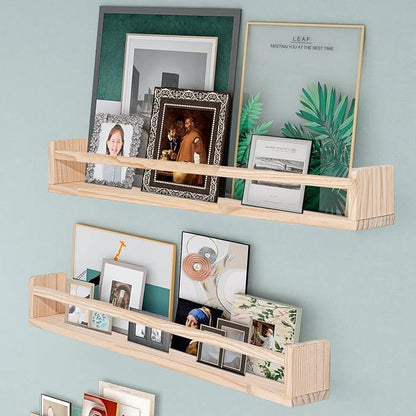 AZSKY Montessori Floating Book Shelves for Kids Room, 36 Inch Front Facing Nursery Bookshelves Wall Mounted with Safety Rail, Natural Wood Book Display for Toddler Baby Nursery, Set of 3
