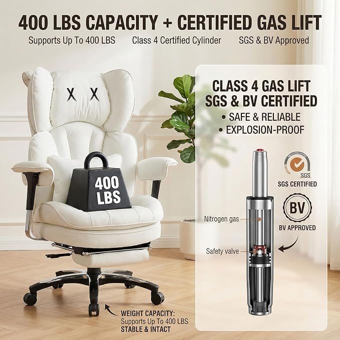 Efomao Big & Tall Desk Chair, Wide Executive Office Chair with Footrest White-L