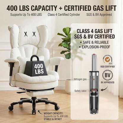 Efomao Big & Tall Desk Chair, Wide Executive Office Chair with Footrest White-L