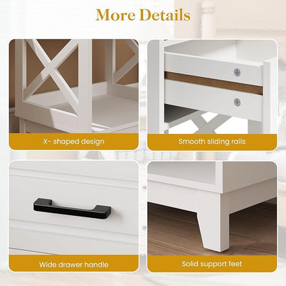 RoyalCraft 30" Tall Nightstand, Modern Painted Bedside Table with 2 Drawers and Open Shelf, Wood Side Table for Bedroom, Home Office, White-Open Shelf Below, Set of 1
