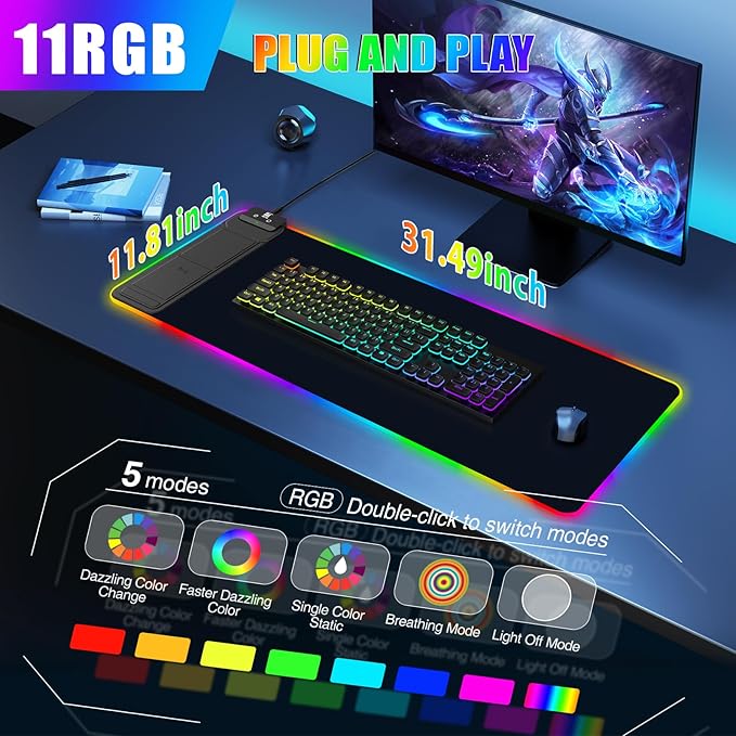 RGB Mouse Pad with Foldable Phone Stand Wireless Charger, 31.5"x11.8" XL Gaming Mousepad Large Desk Mat, Desk Pad with 11 Colors 5 Modes, Waterproof