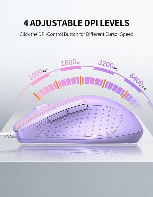 TECKNET Wired Mouse, 6-Button Corded with 4 Adjustable DPI, Optical Ergonomic Design, 5FT Cord for Laptop, Chromebook, PC, Desktop, Mac, Notebook - Gradient Lavender