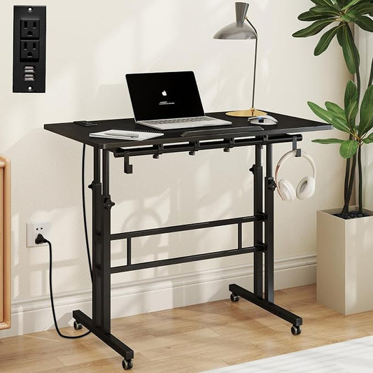 SIDUCAL Portable Standing Desk Adjustable Height, Rolling Computer Desk on Wheels, Mobile Home Office Workstation with USB Ports and Outlets, Laptop Cart for Standing or Sitting, 31.5" x 23.6" Black