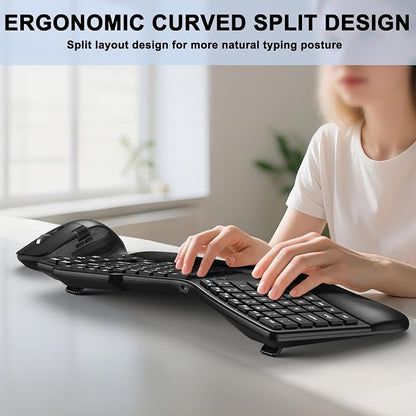 Ergonomic Wireless Keyboard Mouse, Wave Key Bluetooth/2.4G Split Design Ergo Keyboard Mouse Combo with Cushioned Palm Rest, Multi-Device, Rechargeable, for Multi-OS, Windows/Mac/Android