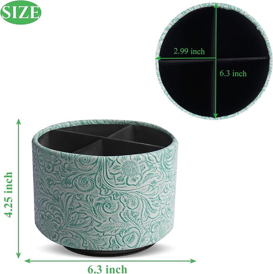 lizimandu Round Leather Art Supply Organizer,Remote Control Holder,360 Degree Spinning,Multi-Functional Pencil Holder,4 Compartments Desktop Stationary Organizer(1-Carved Stone Green)
