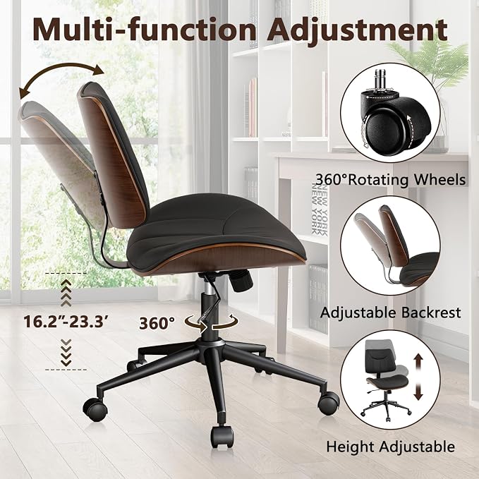 CLATINA Office Chair Armless with Wheels, Mid-Century Modern Walnut Desk Chair, Adjustable Height Reading Chair, PU Leather Mid Back & Swivel Computer Chairs for Home Meeting Room Bedroom, Black(4 PK)