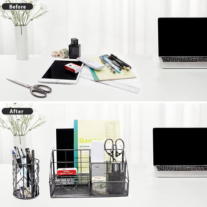 KAAKOW Black Desk Organizers and Accessories Office Supplies Set Stapler, Pen Holder, Phone Holder, Scissors, Pen, Ruler, 30 Paper Clips, 22 Binder Clip, 20 Tacks and 1000pcs Staples