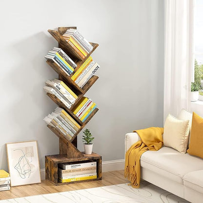 Hoctieon 6 Tier Tree Bookshelf, Tall Bookcase with Drawer, Freestanding Book Shelf, Display Floor Standing Storage Shelf, Book Organizer Shelves for Home Office, Rustic Brown