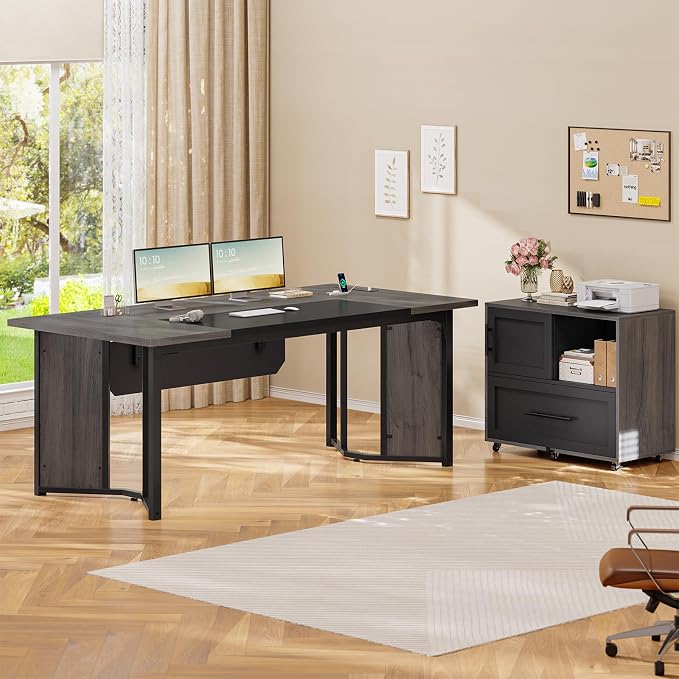 UPOSOJA 63" Executive Desk with Mobile File Cabinet, Large Office Desk with Drawer, Modern L Shaped Desk with Power Outlets, Storage Shelves, Corner Computer Desk Business Workstation Set (Grey)