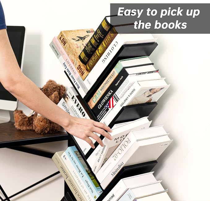 SHEEPAM 8 Tier Tree Bookshelf with Drawer, Free Standing Wood Bookcase for Living Room, Bedroom, Home Office, Space Saving Storage Organizer Bookshelves for Books, CDs, Vinyl Records- Black