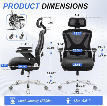 750lbs Ergonomic Office Chair,Upgrade Big and Tall Office Chairs for Heavy People,Mesh High Back Desk Chair with 5D Flip Arms Large Wheels,Adjustable Headrest & Lumbar Support,Wide Chairs