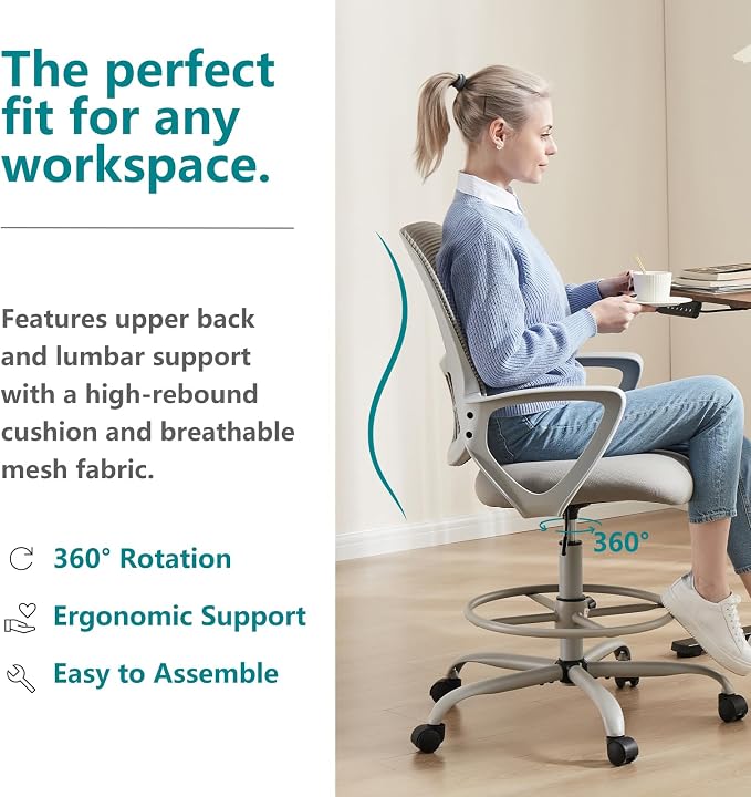 DUMOS Ergonomic Drafting Chair, Tall Office for Standing Desk, Counter with Height Adjustable and Comfortable Lumbar Support, Fixed Armrests, for Bedroom Livingroom, Dove Gray