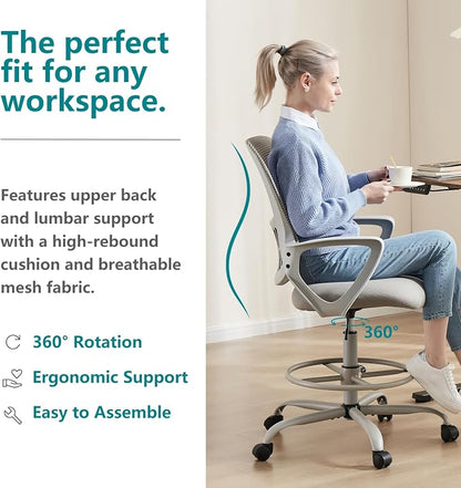 DUMOS Ergonomic Drafting Chair, Tall Office for Standing Desk, Counter with Height Adjustable and Comfortable Lumbar Support, Fixed Armrests, for Bedroom Livingroom, Dove Gray