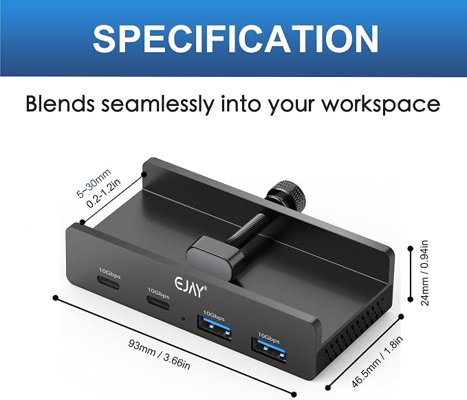 EJAY 4Ports 10Gbps USB-C HUB USB3.2 Clamp USB HUB Splitter,Mountable USB-C Adapter with Data & Power Cable for iMac 2021 and later-10Gbps (Black)
