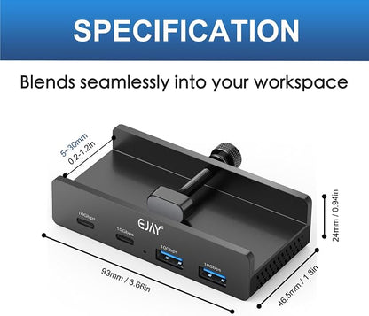 EJAY 4Ports 10Gbps USB-C HUB USB3.2 Clamp USB HUB Splitter,Mountable USB-C Adapter with Data & Power Cable for iMac 2021 and later-10Gbps (Black)