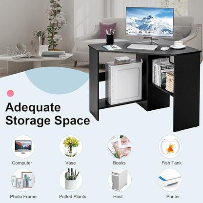 Tangkula Corner Desk, 90 Degrees Triangle Computer Desk for Small Space, Bedroom Corner Makeup Vanity Desk with Storage Shelves & CPU Stand