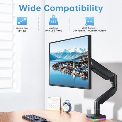 RGB Single Monitor Stand, Gas Spring Monitor Arm with 3 USB Ports, Charging and USB Data Transfer Function, Desk Mount for 13"-32" Monitors up to 19.8lbs, Adjustable Height, Tilt, Swivel, Rotate