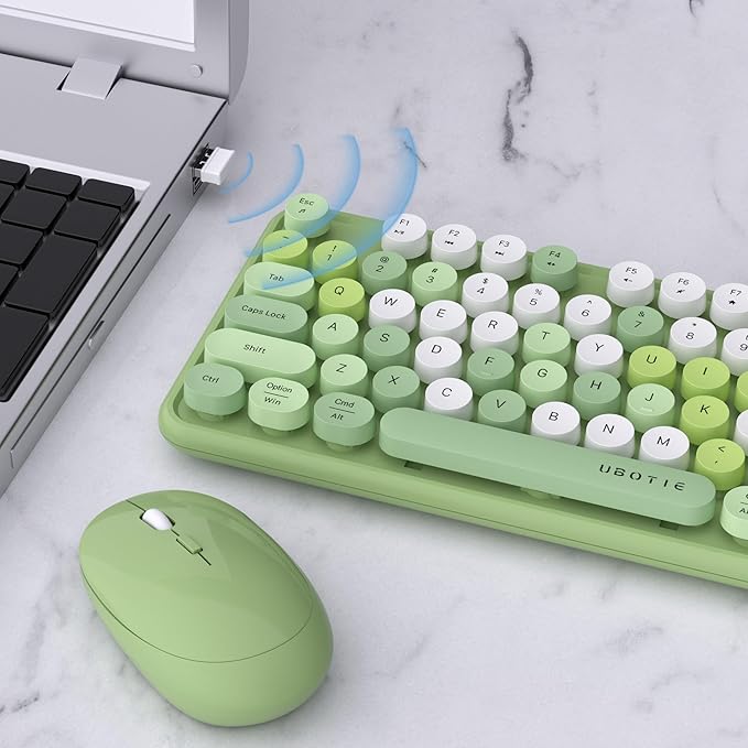 UBOTIE Colorful Wireless Keyboard and Mouse Combos, Retro Typewriter Floating Flexible Full-Sized Keys Computer Keyboard with Optical Mouse, 2.4GHz USB-A Connection for Windows Mac (Green-Colorful)