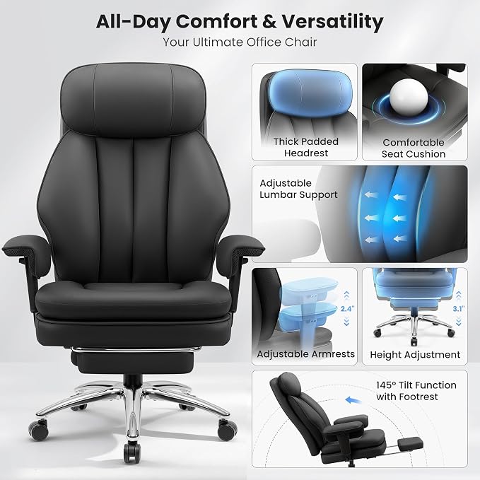 BestGlory Big and Tall Office Chair with Lumbar Support, Executive Leather Computer Desk Chair, Heavy Duty Comfortable Gaming Chair with Double Layer Cushion & Footrest for Home Office Gaming