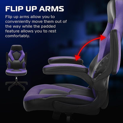 RESPAWN 3085 Ergonomic Gaming Chair for Adults, High Back Office Chair with Headrest and Flip Up Arms, Leather Racing Style Gaming Seat with Lumbar Support, Video Game Computer Desk Seat - Purple