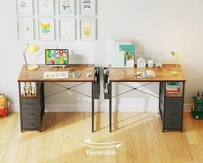 AODK 32 Inch Small Computer Desk with Fabric Drawers, Kids Study Desk for Bedroom, Home Office Desk with Storage Shelf & Bag for Small Space, Vintage
