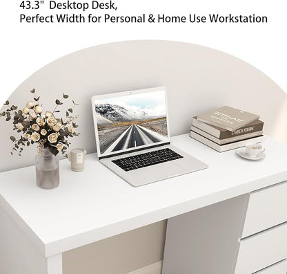 furtble White Desk with Drawers, 43'' W Home Office Computer Desk Gaming Table, Modern Vanity Desk with Storage, Wood Writing Workstation for Bedroom, Living Room, White