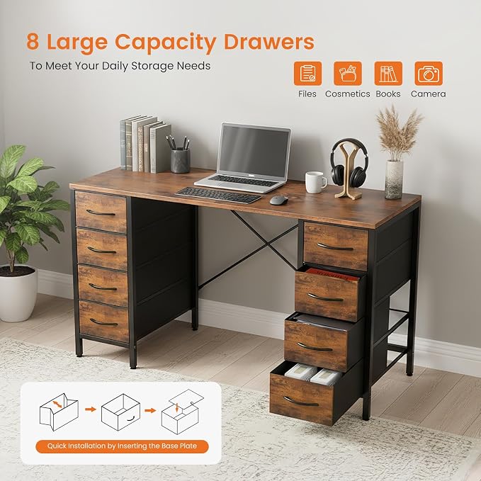Sweetcrispy Computer Desk with 8 Fabric Drawers for Home Office Bedroom, 47 Inch Gaming Writing Study Table with X-Shaped Reinforced Structure PC Desk, Brown