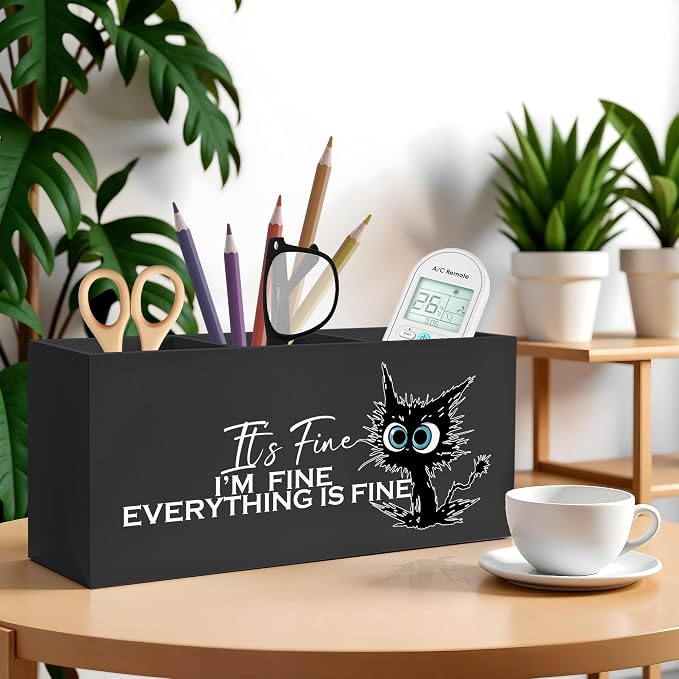 Funny Cute Black Cat Pencil Pen Holder for Desk, I'm Fine Everything Is Fine Wooden Pencil Holder Organizer for Home Office Desk Accessories, Funny Office Gifts for Coworkers, funny cat gifts
