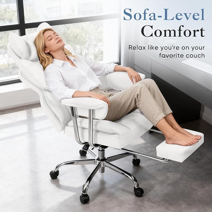 DUMOS Big and Tall Office Chair 400 LBS, Scratch-Resistant PU Leather Executive Office Desk Chair with Footrest, Ergonomic Reclining Computer Chairs with Pocket Spring Support, White