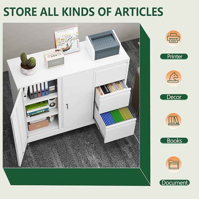 winiowa Mobile 3-Drawer File Cabinet with Wheel, Metal Lateral Rolling Printer Stand Filing Cabinets with Lock, Office Storage Cabinet for Office, Home, Garage, School, Gym-White
