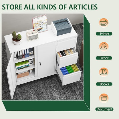 winiowa Mobile 3-Drawer File Cabinet with Wheel, Metal Lateral Rolling Printer Stand Filing Cabinets with Lock, Office Storage Cabinet for Office, Home, Garage, School, Gym-White