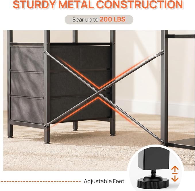 Alpen Computer Desk with Drawers, L Shaped Desk for Bedroom with Power Outlets, Gaming Table with 3 Drawers and Shelves, Corner Desk for Gaming, Study Writing PC Table, 47 Inch, Black