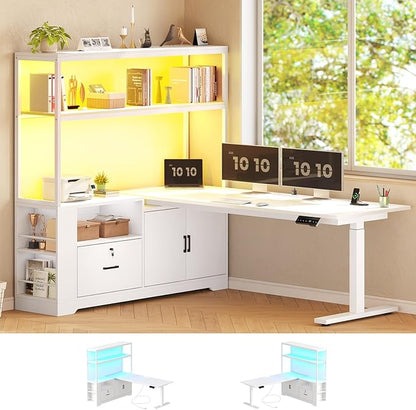 SEDETA 56.7" L Shaped Standing Desk, Reversible Computer Office Desk with Drawers & Hutch, Stand Up Corner Gaming Desks with LED Lights & Power Outlets for Home Office, White